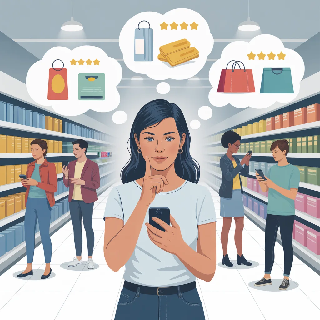 Illustration of a shopper using a smartphone in a store aisle while comparing products, reviews, and ratings, representing modern consumer buying behavior driven by research, trust, and informed decision-making.