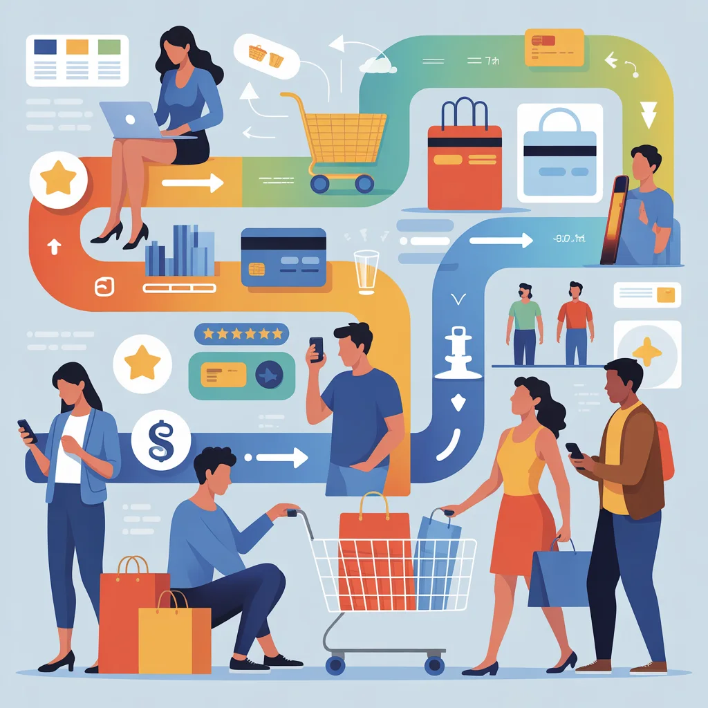 Illustration showing the consumer buying behavior journey across digital and in-store touchpoints, including research, reviews, mobile usage, shopping carts, payments, and final purchase decisions.