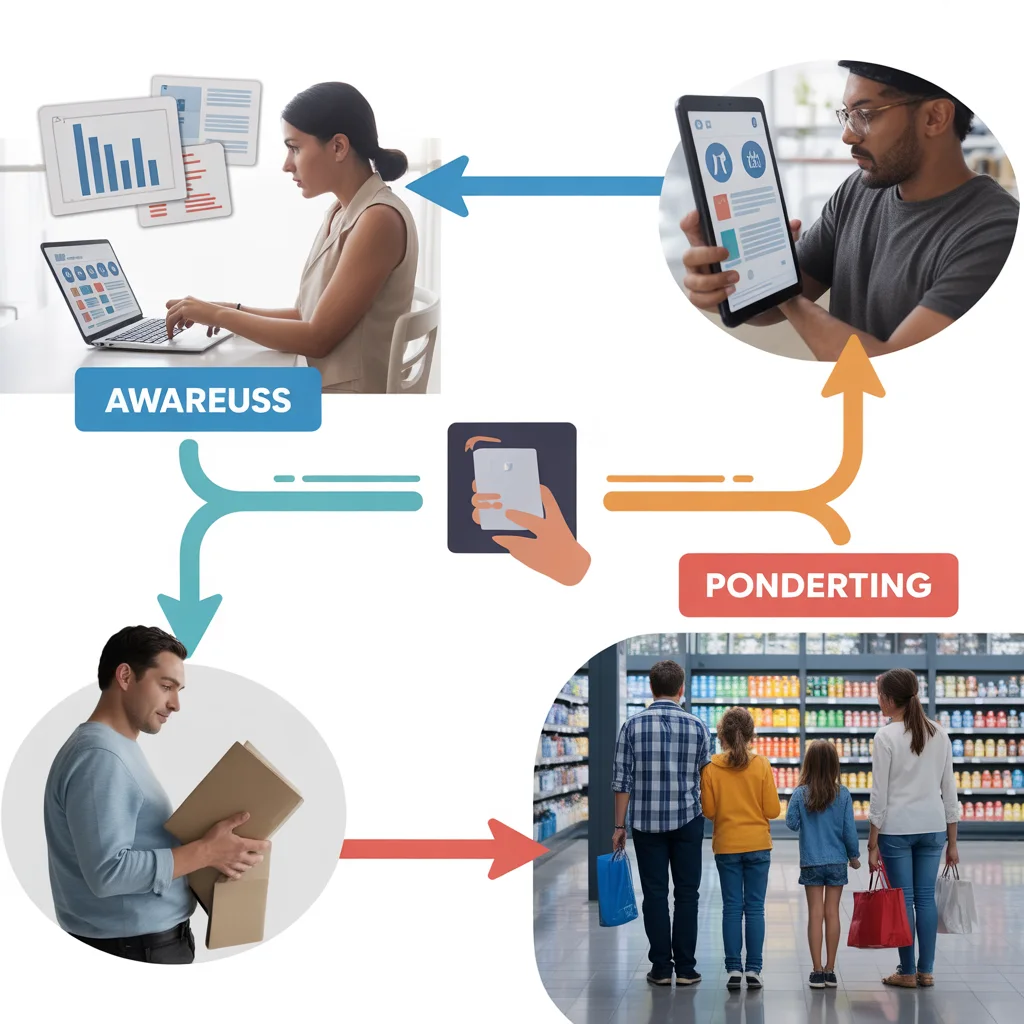 Visual diagram showing stages of consumer buying behavior, from awareness and online research to consideration and in-store purchase, highlighting how digital information influences modern buying decisions.
